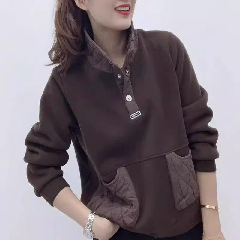 Womens Thermal Sweatshirt Stand Collar Splicing Loose Fit Long Sleeve Slim Top