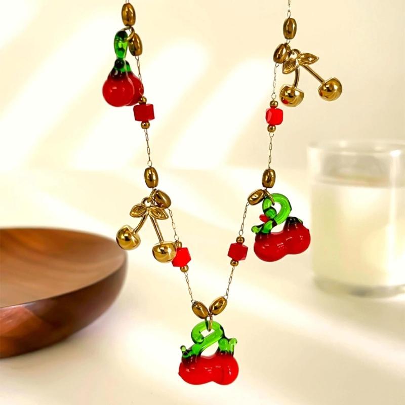 Sweet Cherry Inspired Necklace Stainless Steel Pendant Spring Summer Jewelry Gift Adjustable Chain For Daily Wear