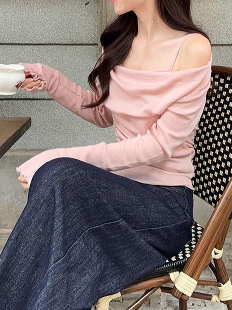 Women's Off-Shoulder Knit Sweater: Autumn/Winter Slim-Fit Pink Swing Neck