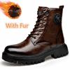 Genuine Leather Platform Boots High Top Motorcycle Shoes  Fashion Punk Mid-Calf Boots Luxury Brand Mens Winter Plush Snow Botas