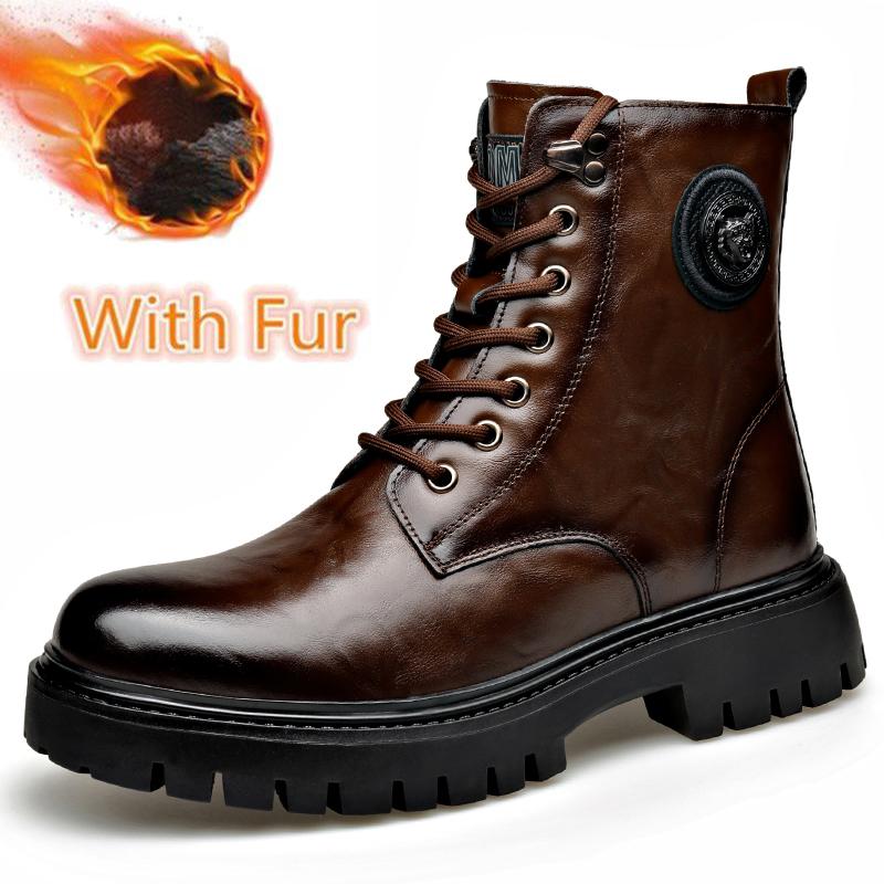 Genuine Leather Platform Boots High Top Motorcycle Shoes  Fashion Punk Mid-Calf Boots Luxury Brand Mens Winter Plush Snow Botas
