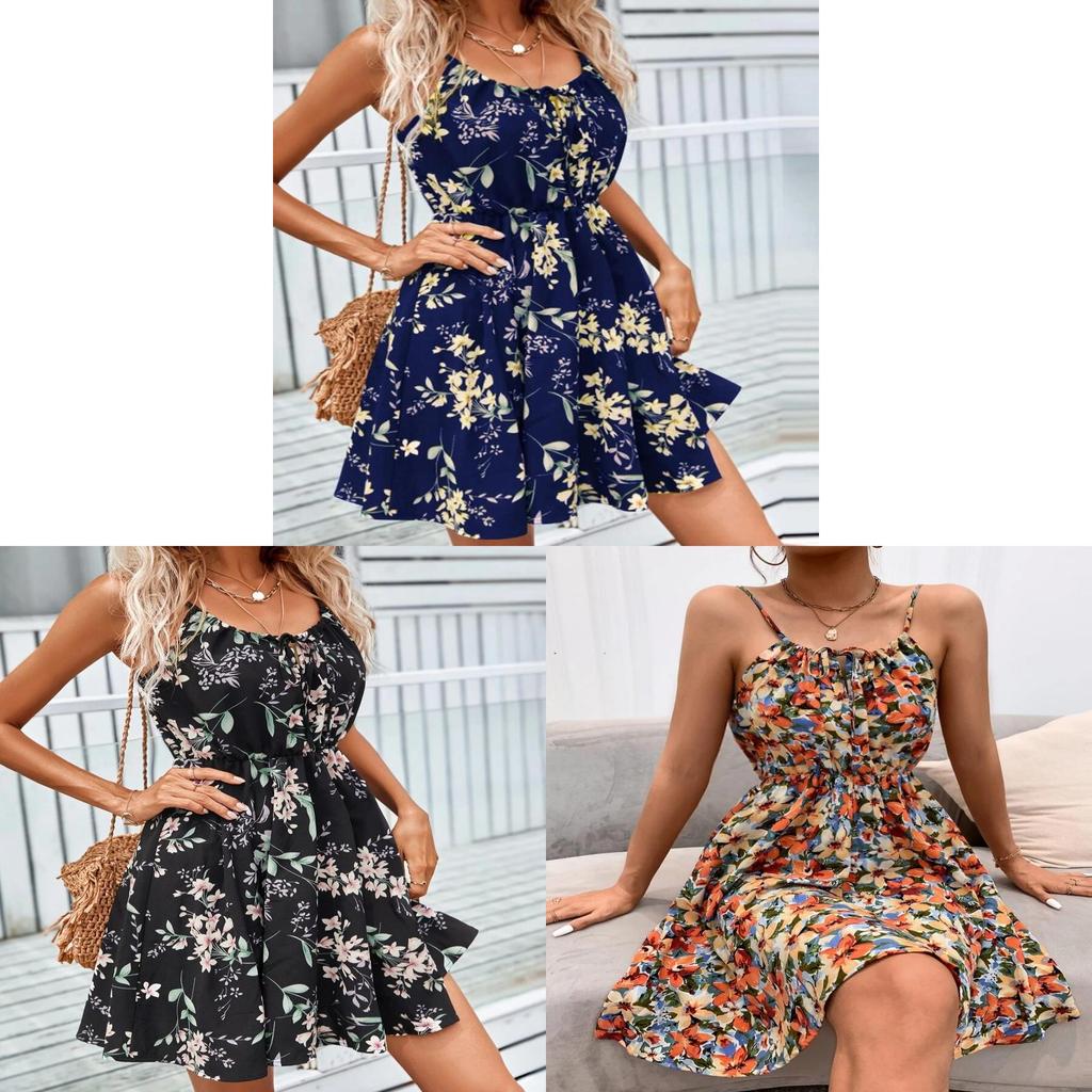 Summer Floral Printed Sleeveless Dress With Elastic Waist For Womens Casual Wear
