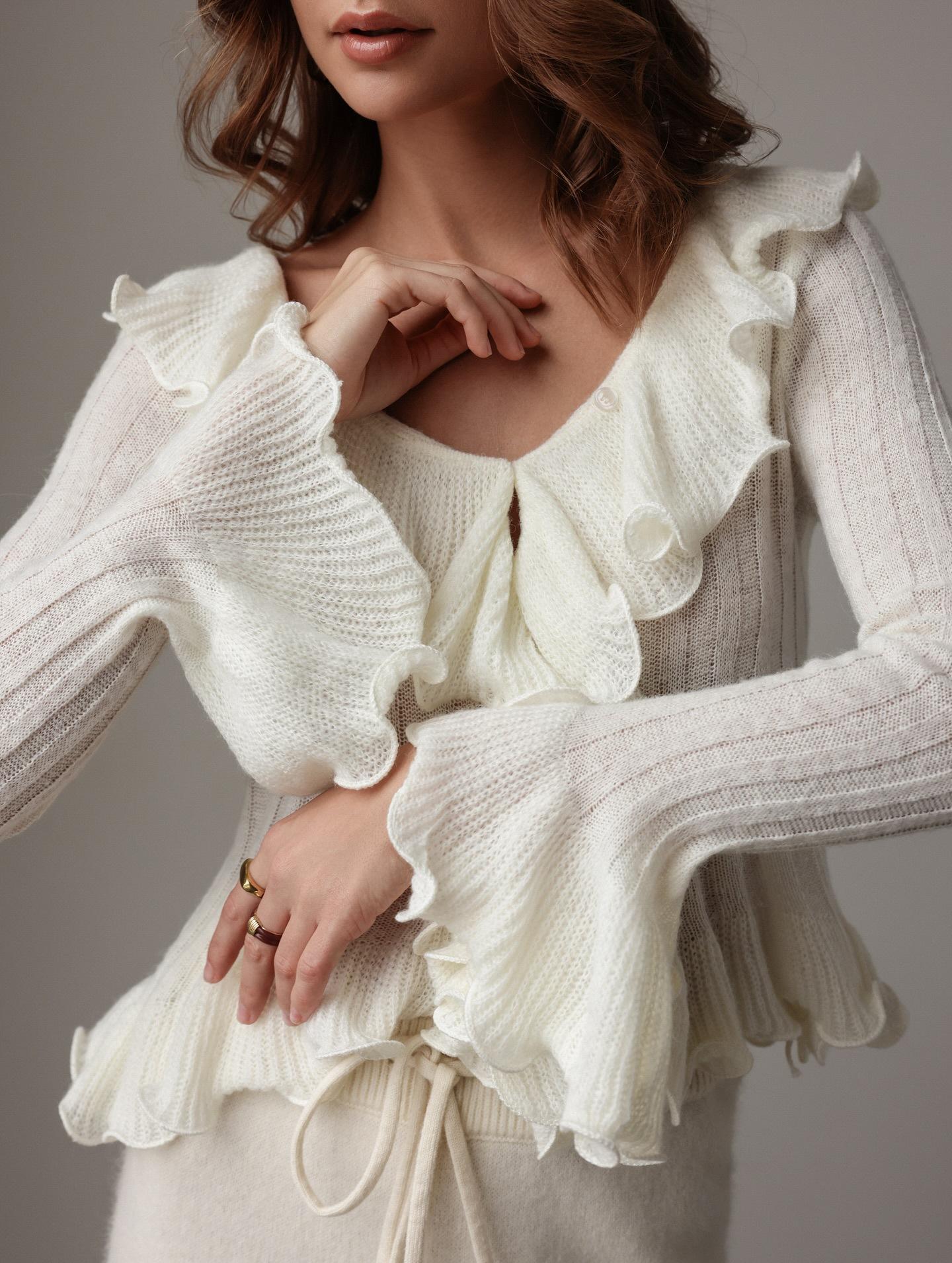 French V-Neck Ruffle Knit Cardigan Women