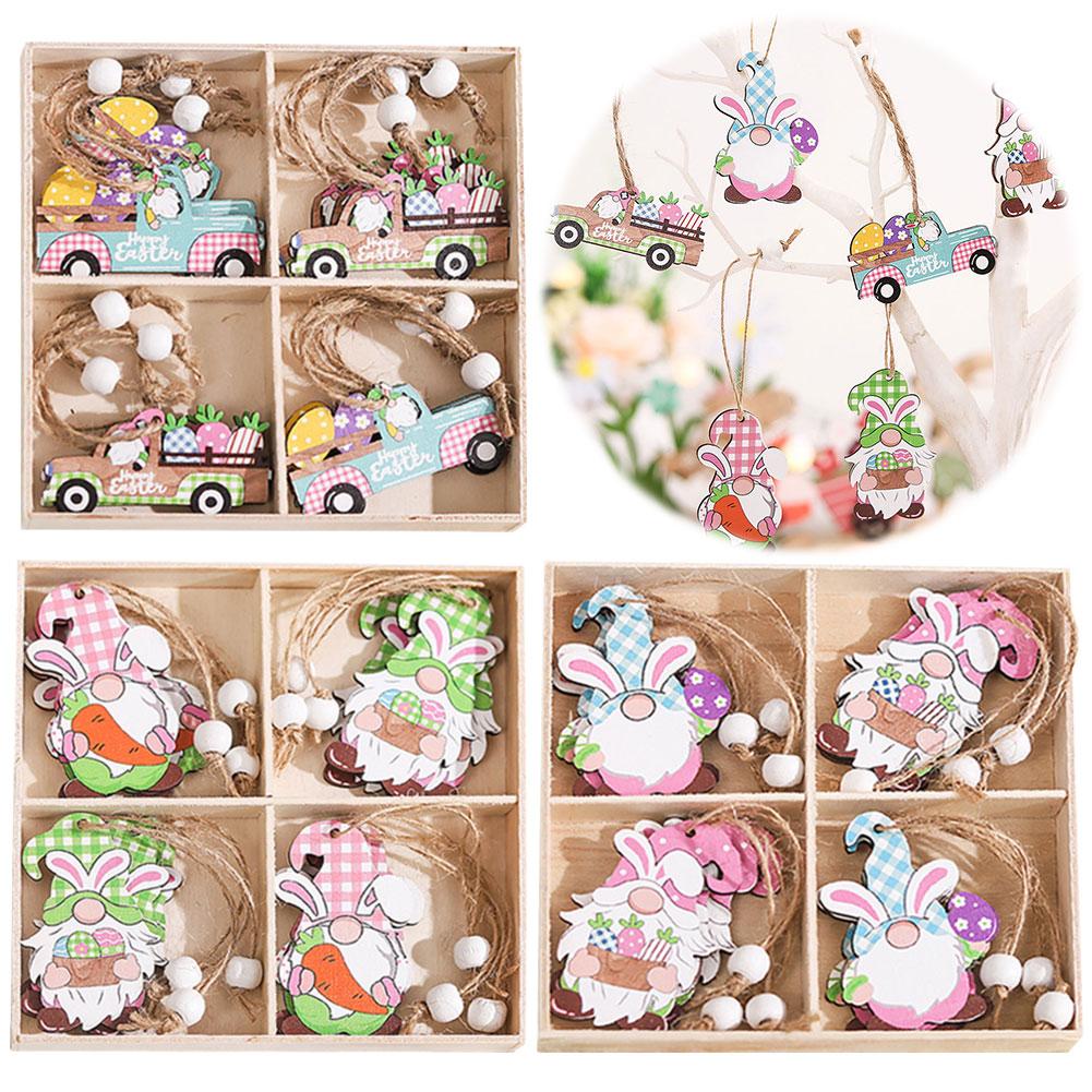 4PCS Easter Wooden Slices Ornament with Twine Elf Wooden Decoration Elf Wooden Hanging Craft for Home Easter Tree Decorations