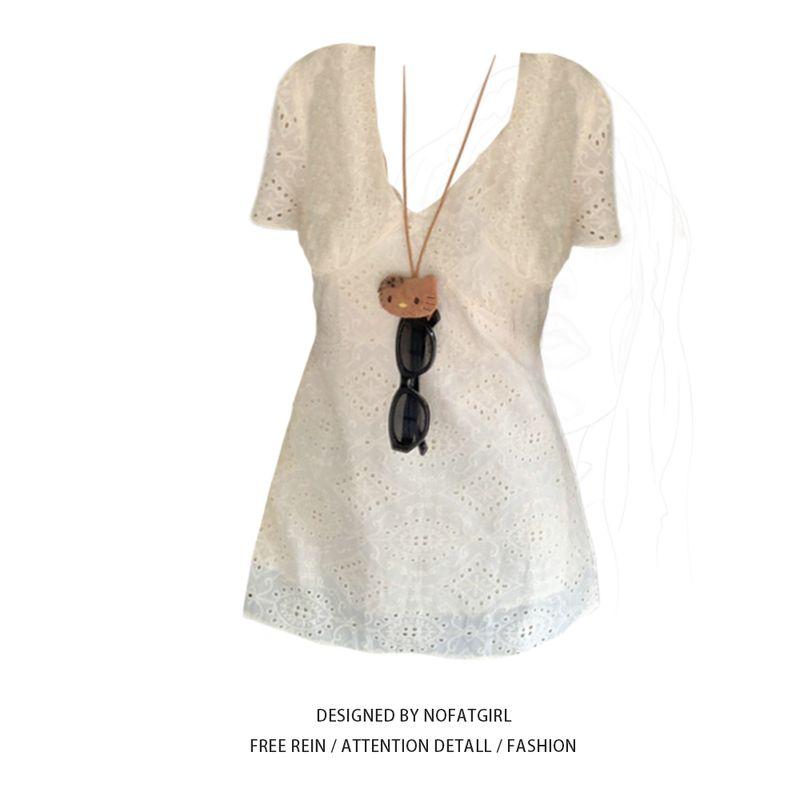 

Plus size Fat MMV Collar Hollow Embroidered Lace Short sleeve Shirts Women Spring 2025 New Mid-Length Versatile Top Lace Top L