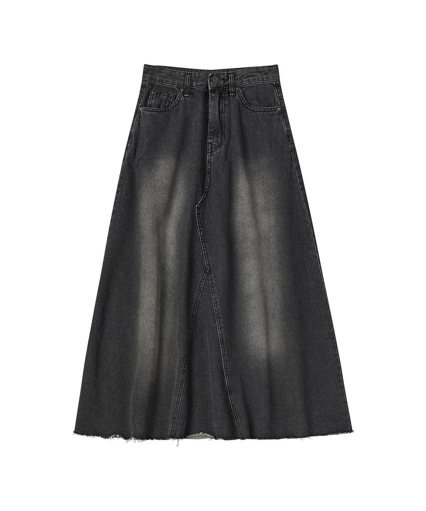 AWESOME STUDIO Flare Maxi Long Denim Skirt Black