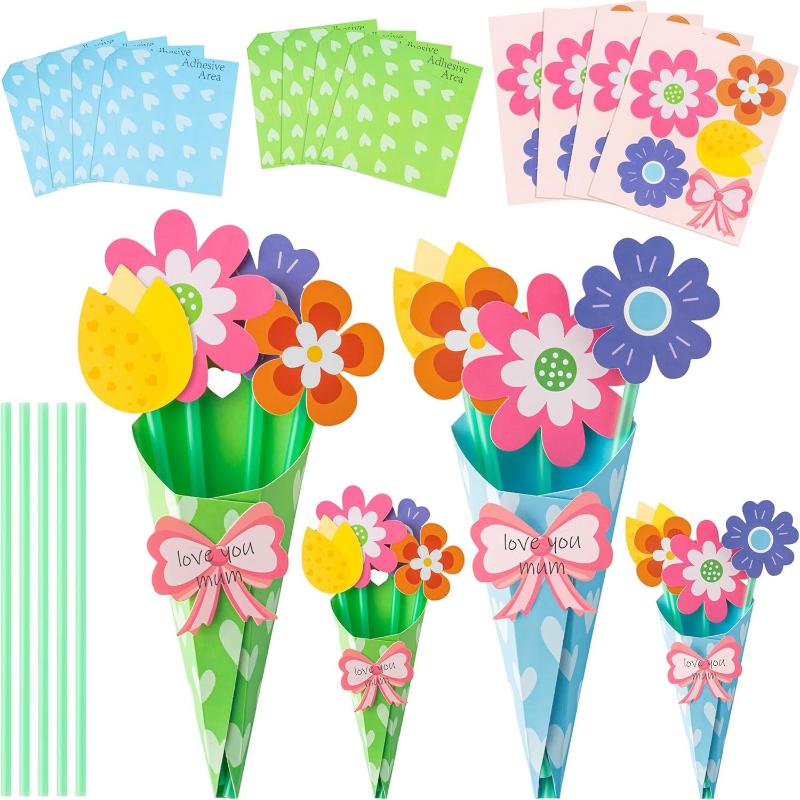 6/12Pcs Flower Bouquet Craft Kit Teacher Appreciation Week Mother's Day Flower Birthday Cards DIY Sister First Greeting Cards