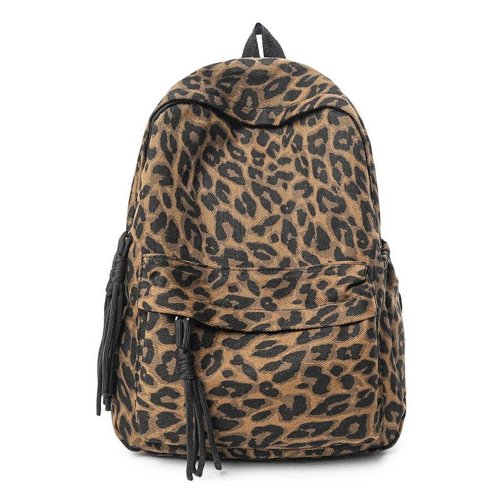 Leopard Print Backpack Casual Daily Use Trendy Street Style Lightweight Backpack for Women with Tassel Detail for School Travel and Everyday Outings