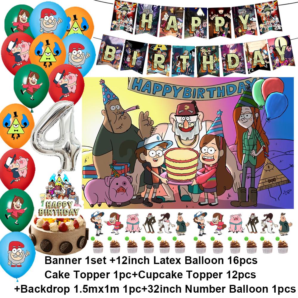 G&Gravity F-Falls Theme Birthday Party Decoration Cartoon Backdrop Banner Cake Topper Number Balloon Baby Shower Party Supplies