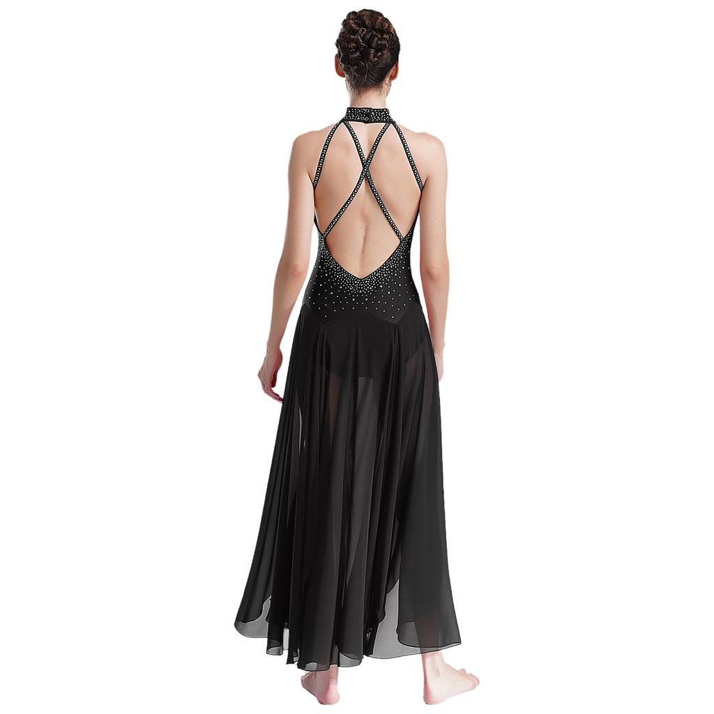 Womens Lyrical Dance Costume Halter Strappy Back Shiny Rhinestones Split Dress Stage Performance
