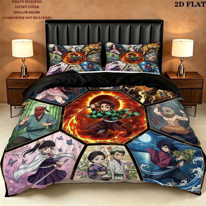 Demon Slayer Kimetsu No Yaiba Pattern Bedding Quilt Set Quilt Cover Pillowcase Home Birthday Gift(1 * Duvet Cover + 2 * Pillowcase, Without Core)