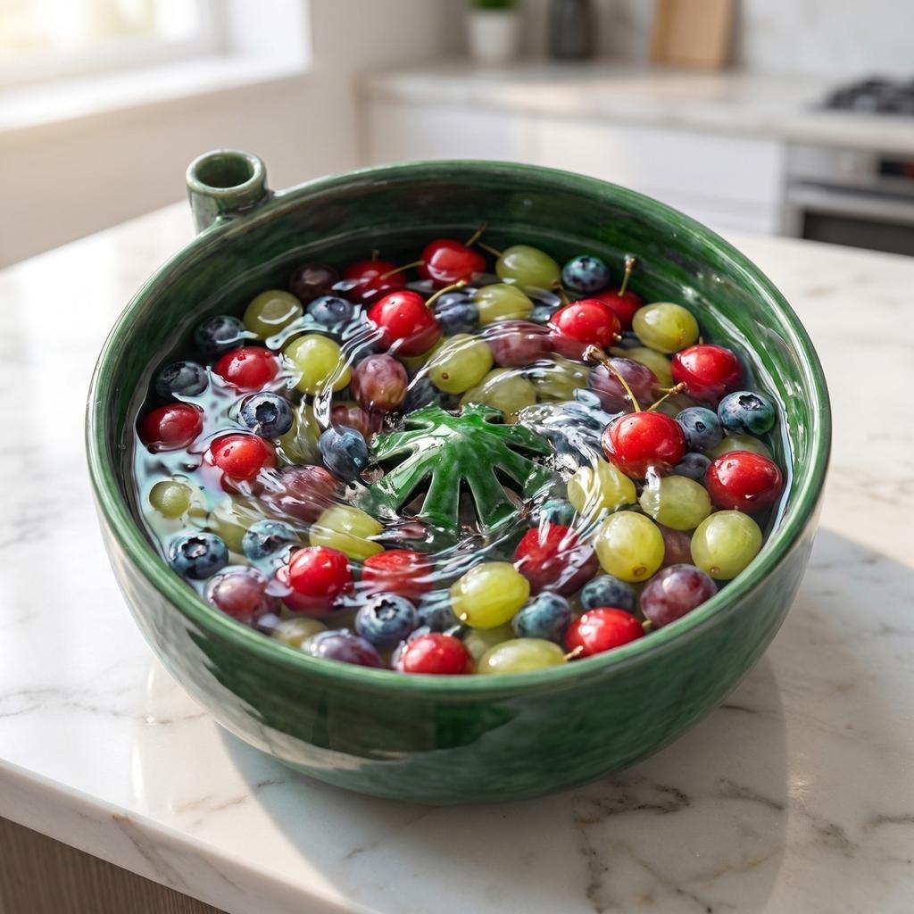 Ceramic Bowl with Drainage Holes and Pour Spout Handcrafted Pottery Colander for Kitchen Use Dishwasher