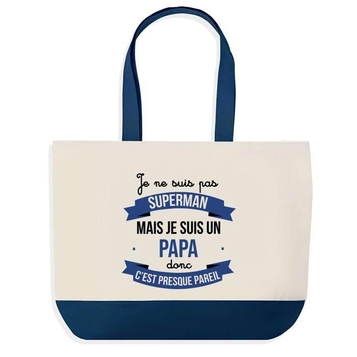 Tote bag - PLANETEE - Sac shopping fond bleu Papa Superman Père Papounet - Coton 40x45 cm - Motif Superman - Fabriqué en France