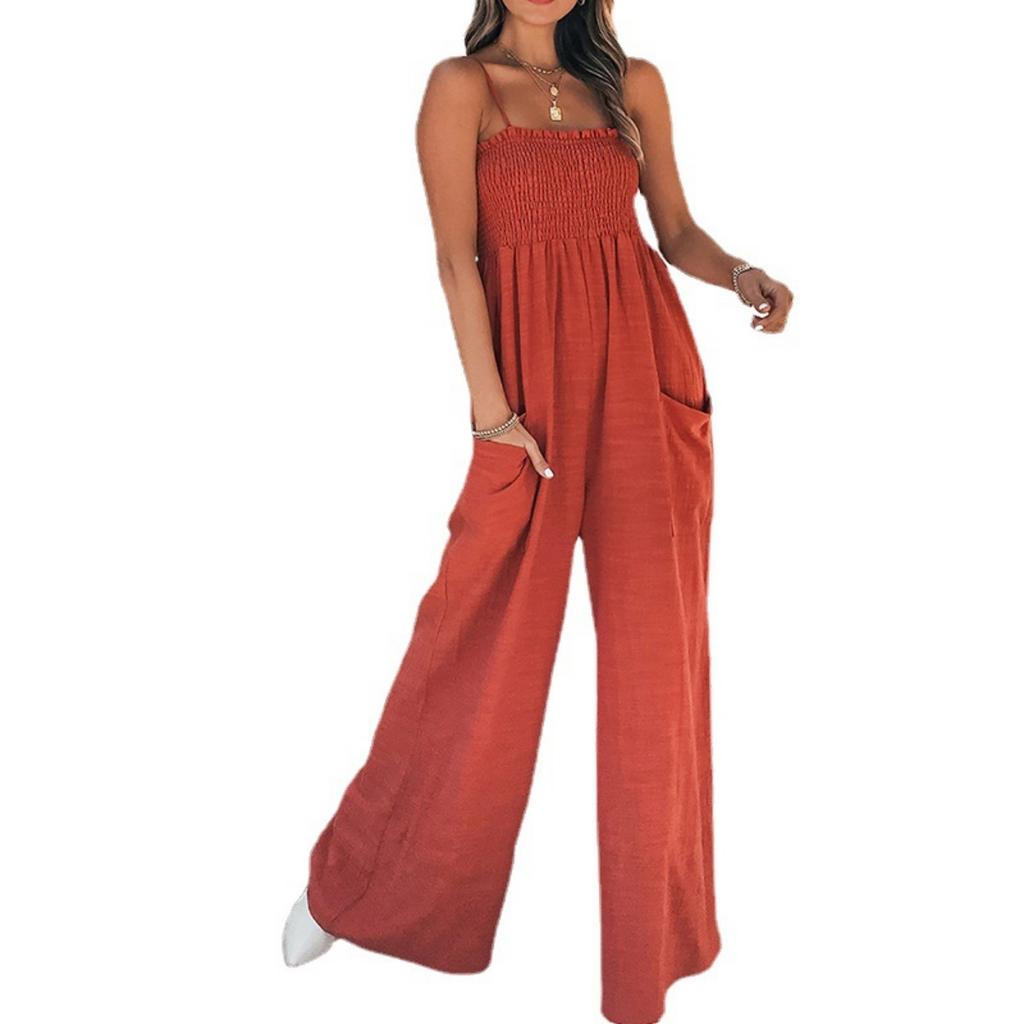 Spring New Women's Jumpsuit, Solid Ruched Bandeau Strapless Casual Commute Jumpsuit for Women, European American Style Outfit