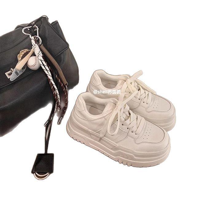 Cowhide Version~ The Same Thick-soled White Shoes, the New Small Height-increasing Lace-up Sports and Leisure Women's Board Shoes