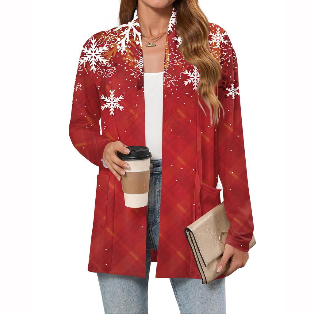 Women's Christmas Printed Lightweight Cardigan Long Sleeved Casual Loose Thin Fit With Pockets Cardigan Jacket