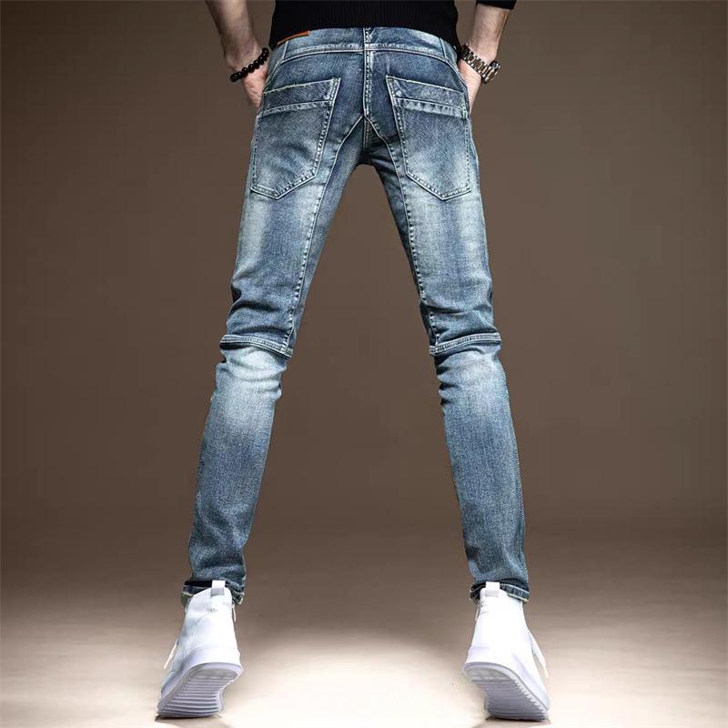 Tide Patchwork Slim Fit Men's Motorcycle Jeans - Trendy, Handsome & Elastic for Spring and Autumn