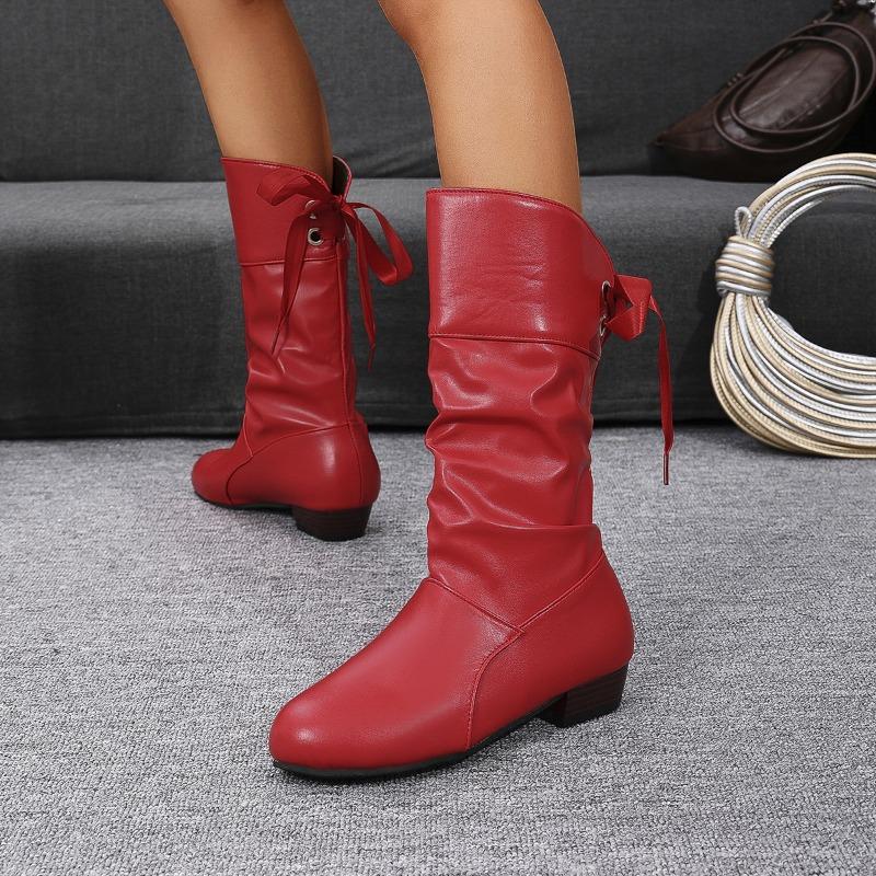 Large Size Medium Boots Rear Strap Large Size Women's Boots Autumn and Winter Low Heel Casual Women's Shoes Thick Heel Leather Knight Boots