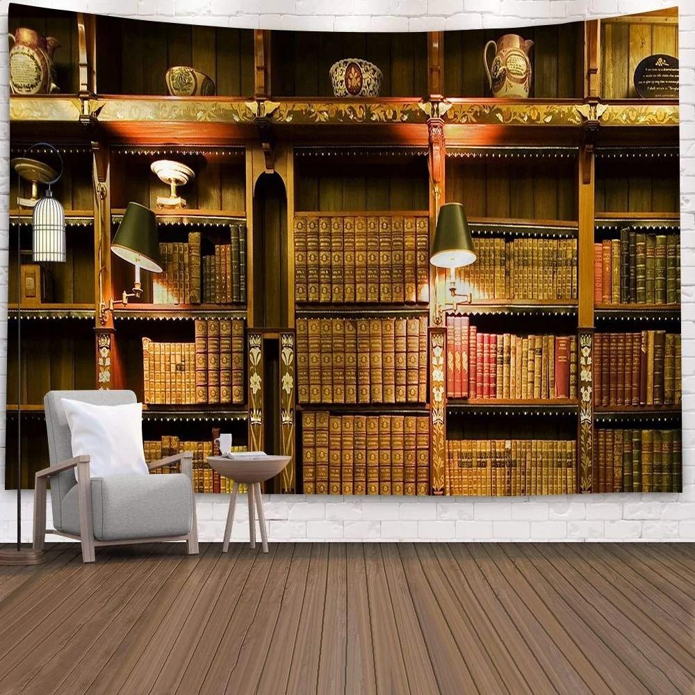 Bookshelf Tapestry, Digital Illustration Of Abstract Design Library In Forest Academic Themed Picture, Wall Hanging Wall Decor