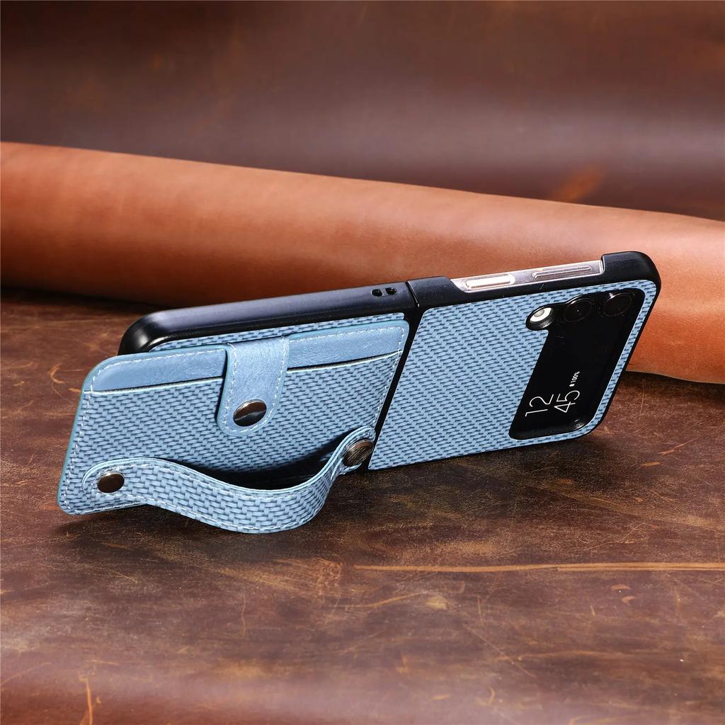 Cards Holder Wallet Wristband Case For Samsung Galaxy Z Flip 7 7FE 6 5 4 Flip6 5G Kickstand Carbon Fiber Shockproof Bag Cover