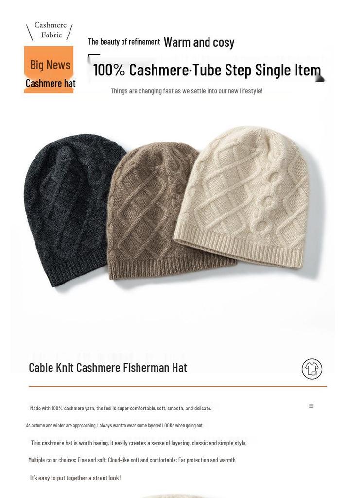 Women's Retro 100% Cashmere Cable Knit Fisherman Hat: Accentuates Face, Versatile, Trendy, Solid Color Commuting Hat