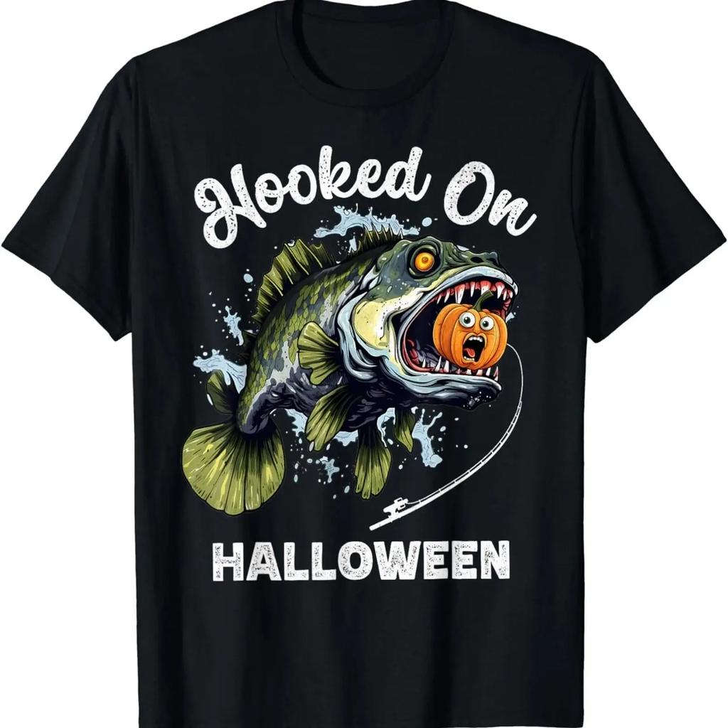 Funny Halloween Fishing Boys Unisexs Zombie Bass Fish Pumpkin T Shirt Vintage Stretched Unisex Graphic Soft Fashion Casual