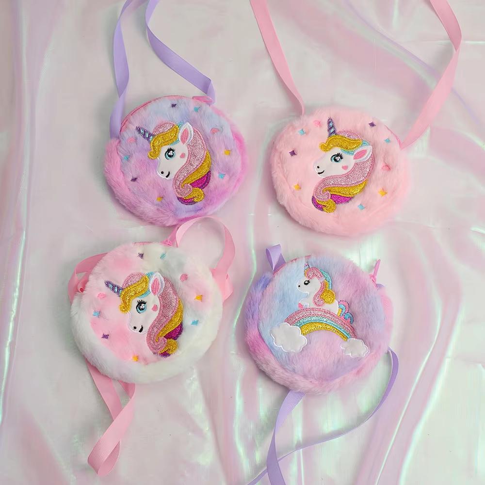 2 STuks Cartoon Eenhoorn Crossbody Tas Kinderen Schattige Pluche Schoudertas Meisjes Kleine Rugzak Geschikt Voor School Vakantie Cadeaus