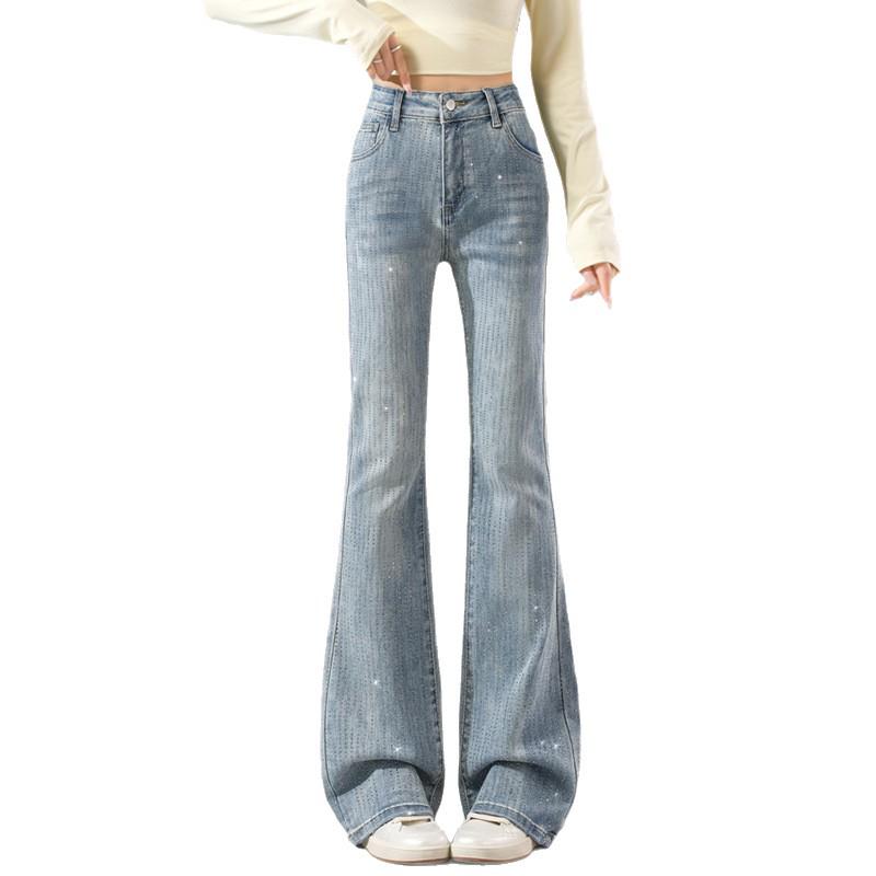 Women's Sparkling Rhinestone Flare Pants - Stretchy, High-Waisted, Slimming Denim for Spring/Autumn