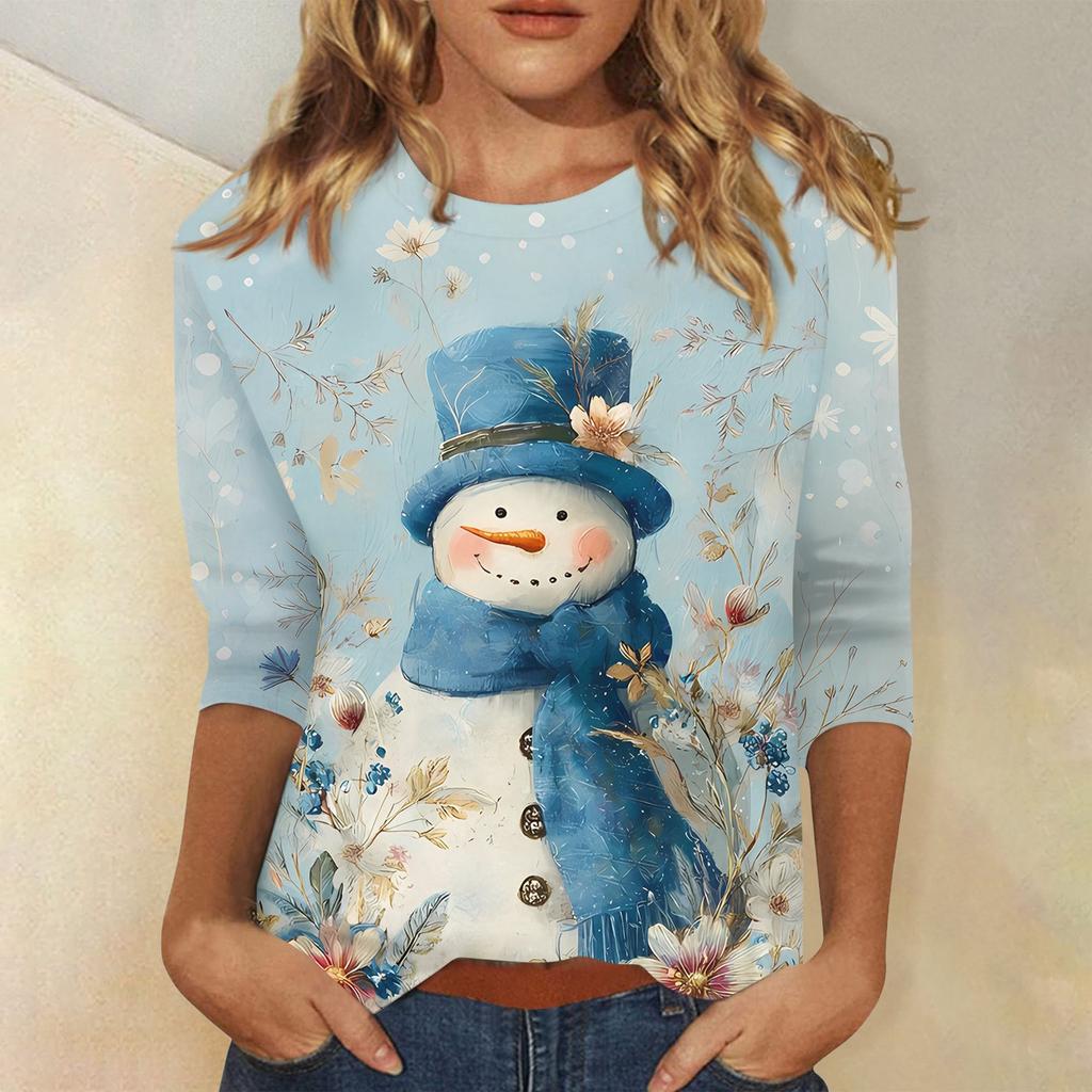 Women's Fashionable Casual Three Quarter Sleeve Christmas Printed Collar Pullover Top