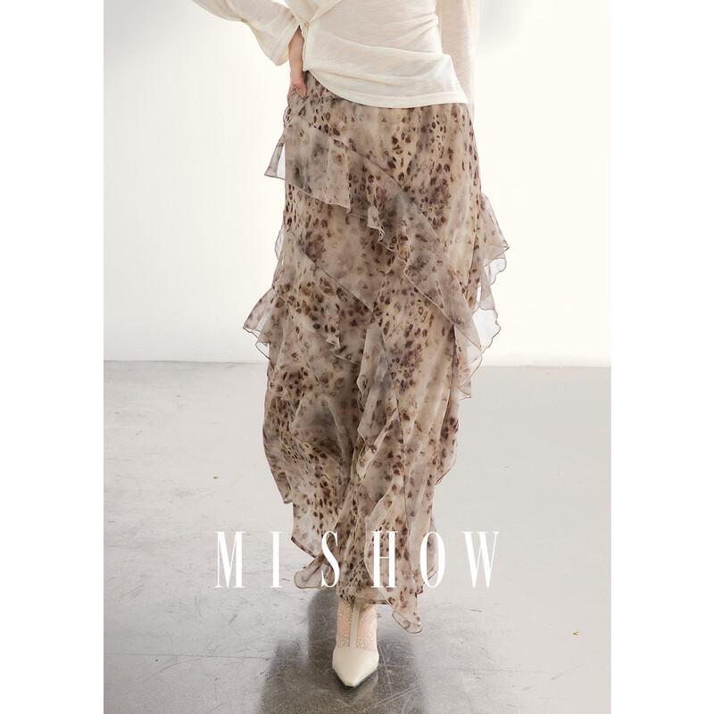 MiXiu New Retro Floral Leopard Print Ruffle Midi Skirt M