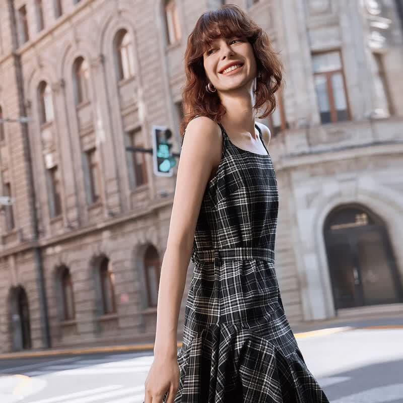 ELLE French Retro Plaid A-Line Mini Dress L