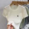 Crew Neck Heart Embroidered Hollow Knitted Sweater Women's, Spring and Summer New Design Short-sleeved T-shirt Half-sleeved Top
