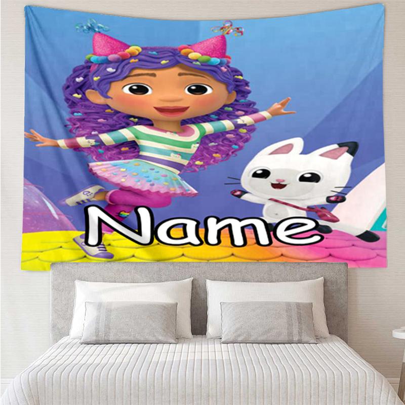 Custom Name Gabby’s Dollhouse Print Tapestry, Backdrop, Easy Setup, Ideal for Bedroom, Office & Living Room, with Aesthetic Wall Hanging Decor.