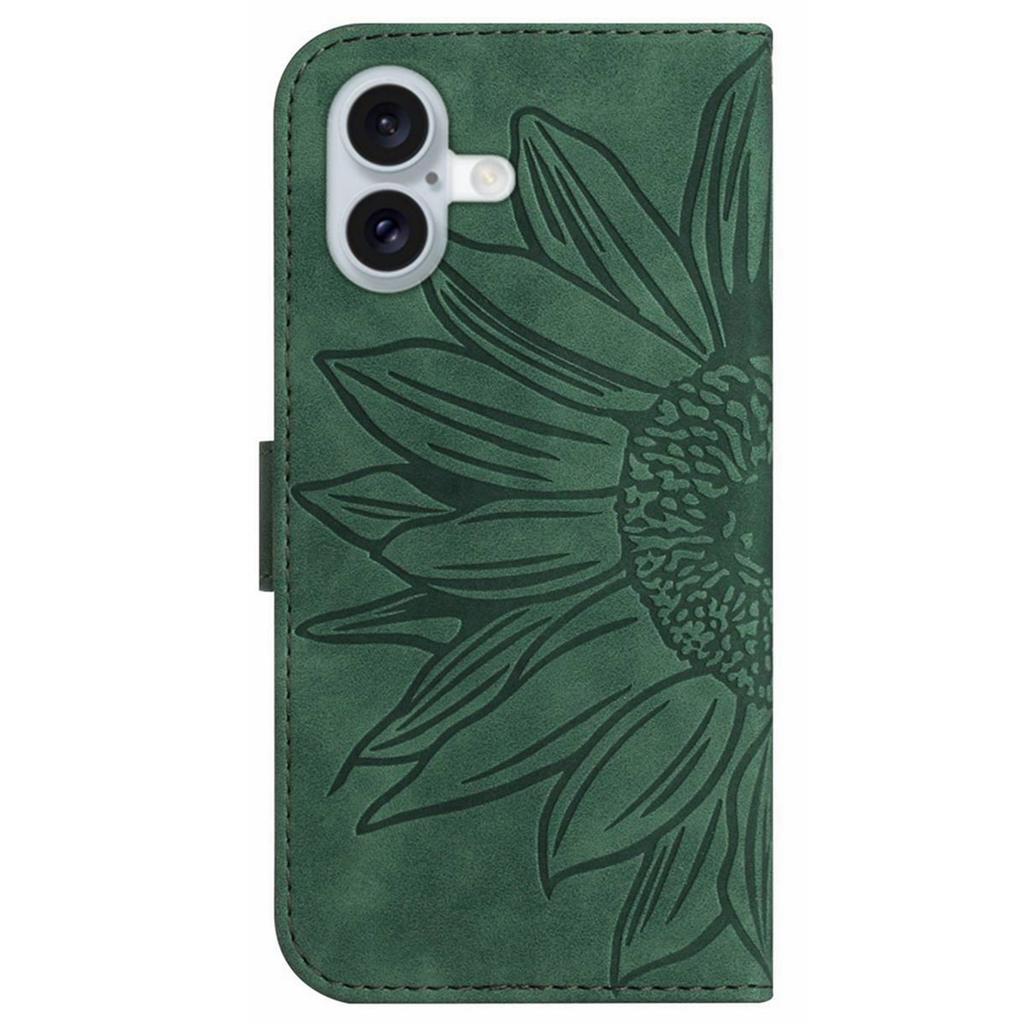 HT04 For iPhone 16 Case Sunflower Imprint Leather Wallet Phone Cover with Hand Strap