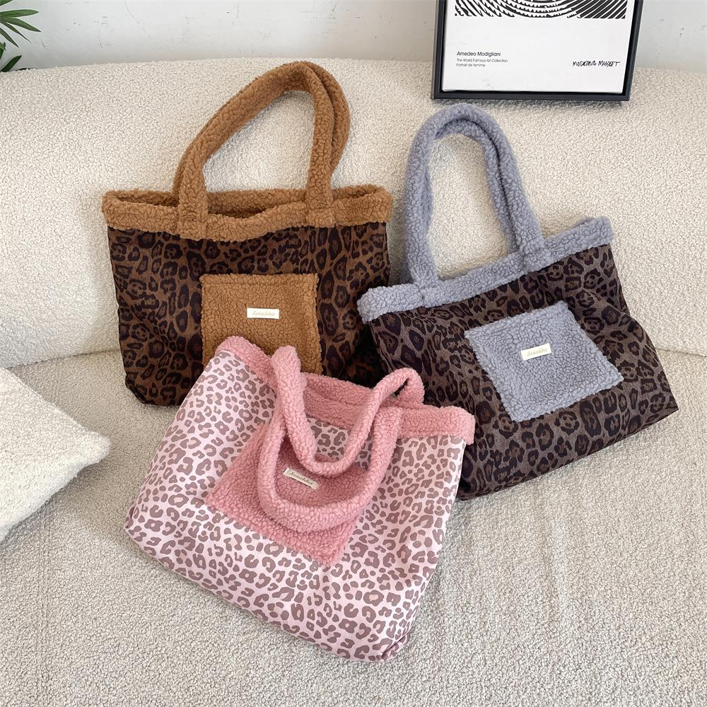 Vintage Leopard Print Plush Stitching Women's Shoulder Bags Large Capacity Female Tote Bag Casual Versatile Ladies Handbag