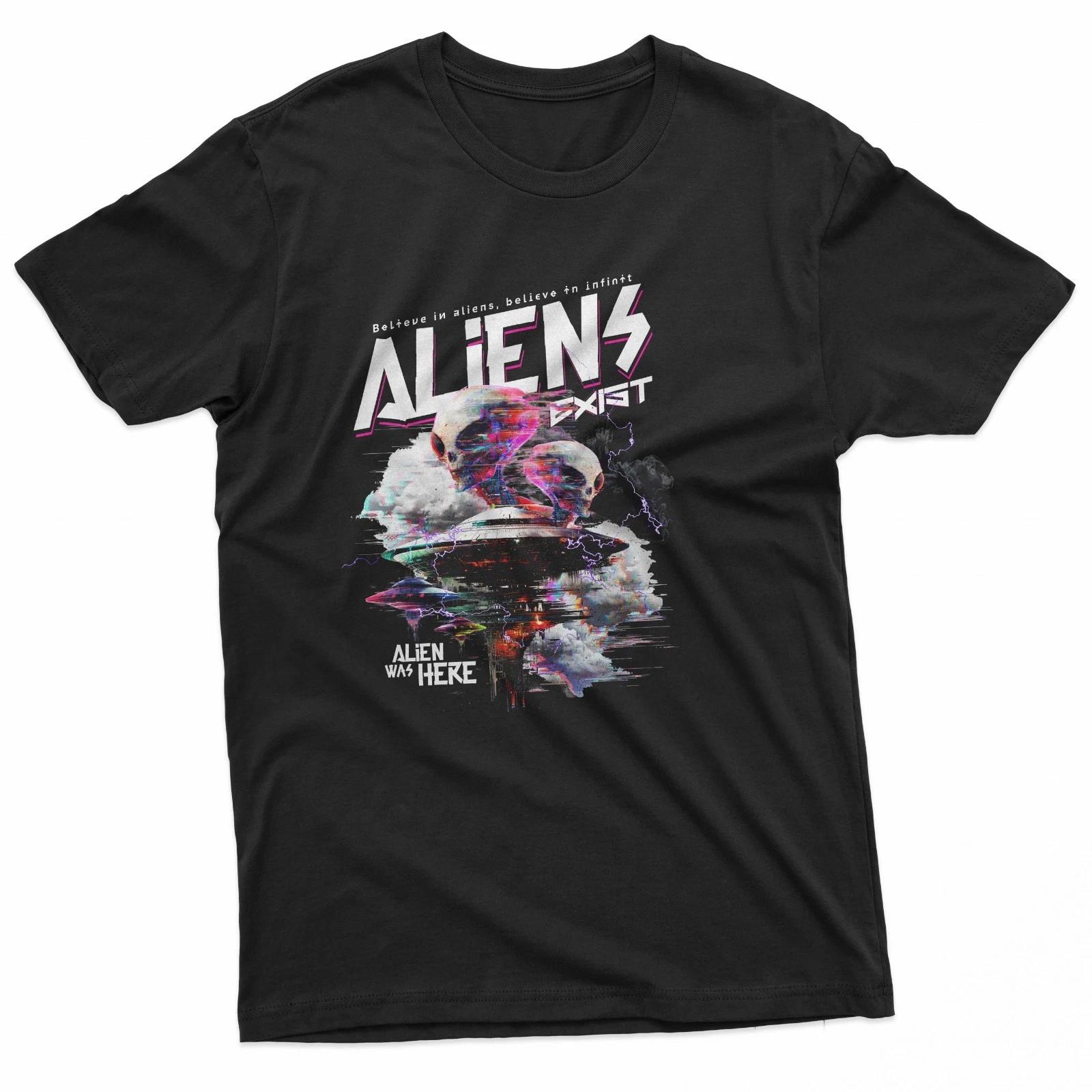 Пришелец был здесь UFO Glitch Art Киберпанк 100% Хлопок Футболка Мужские Футболки Топ 3XL