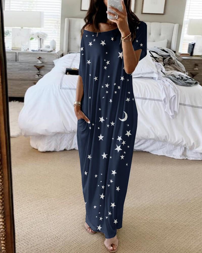 Women's Star Moon Print Short Sleeve Long Dress - European and American Style