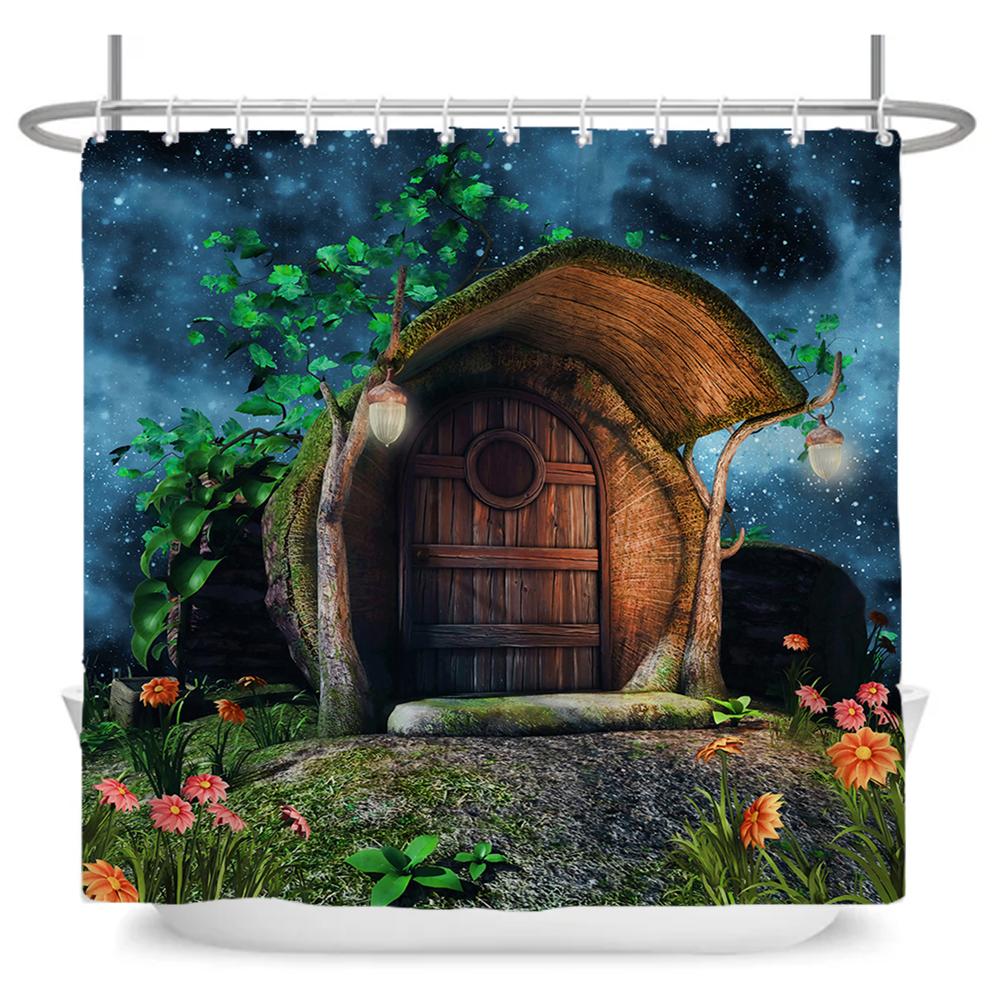 Enchanted Forest Shower Curtain Cartoon Magic Tale Mushroom Wonderland Gothic Shower Curtain Waterproof Bath Decor With Hooks