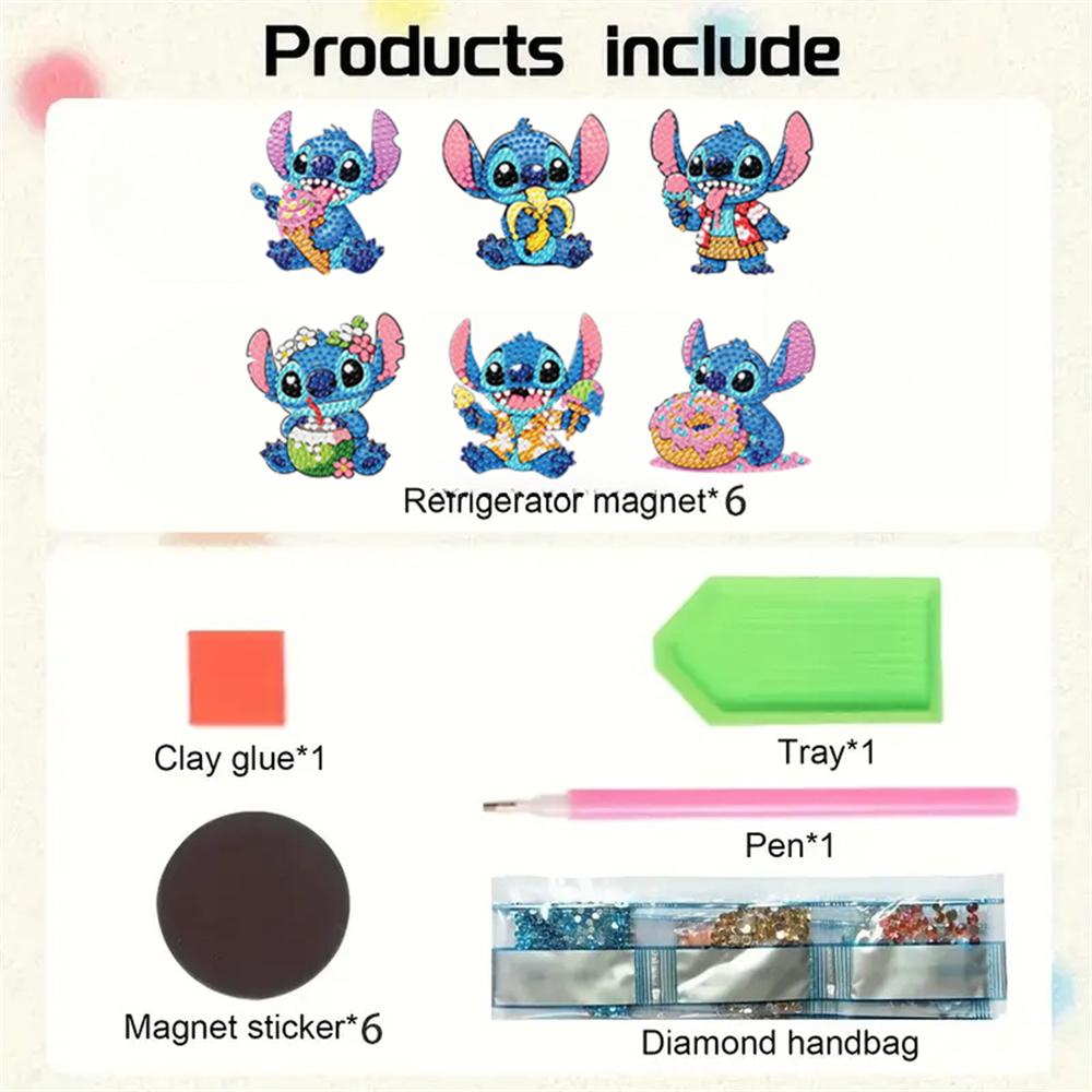 6 Stück/Set Stitch isst Diamantmalerei Magnete für Kühlschrank Diamantkunst Kühlschrankmagnete für Erwachsene Diamantkunst Kühlschrankmagnete Kits