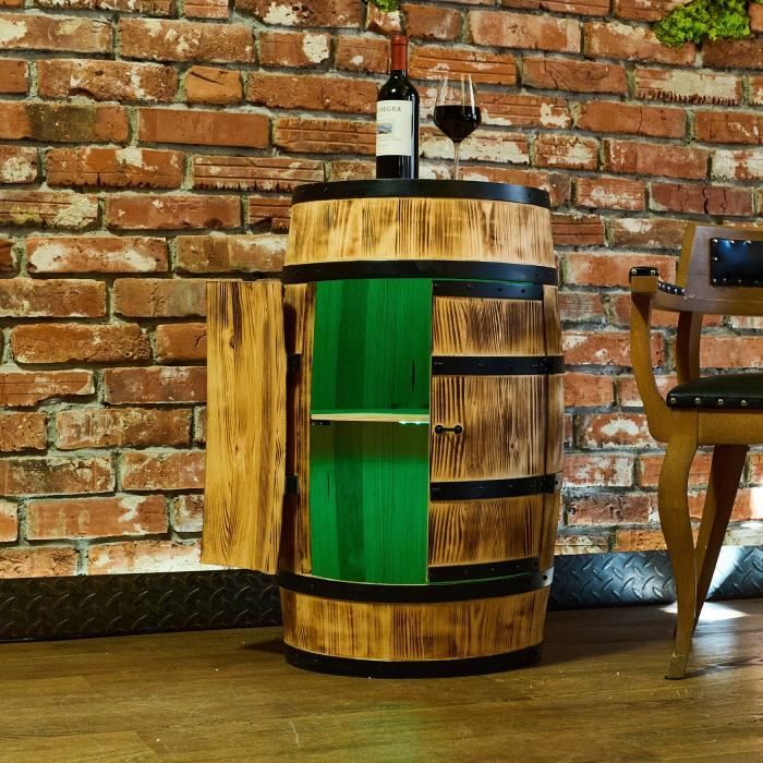 Casier À Vin - Creative Cooper - Tonneau En Bois Avec Portes, LED Et Télécommande, Casier À Alcool, 80x50 Cm, Bois De Pin Brûlé