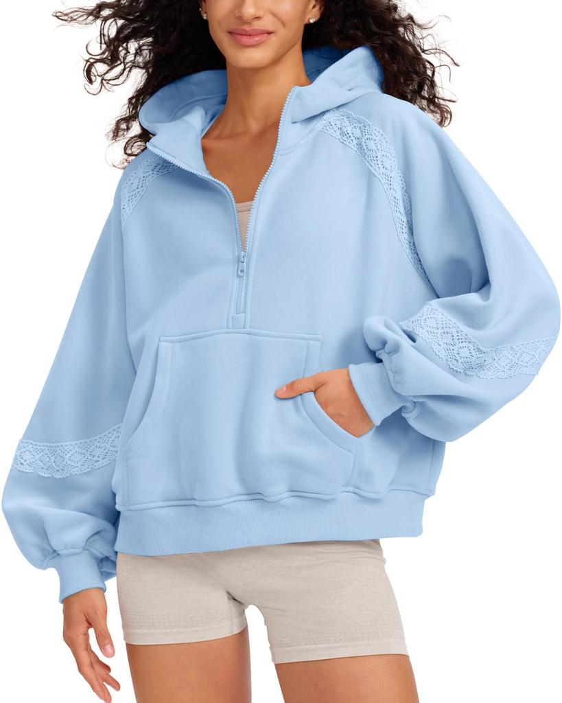 Women's Fleece Jackets Fashion 1/2 Zipper  Long Sleeves Hooded Pullover Sweatshirt With Pockets