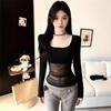 Elegant Autumn-Winter Mesh Splice Square Neck Long Sleeve See-Through Top