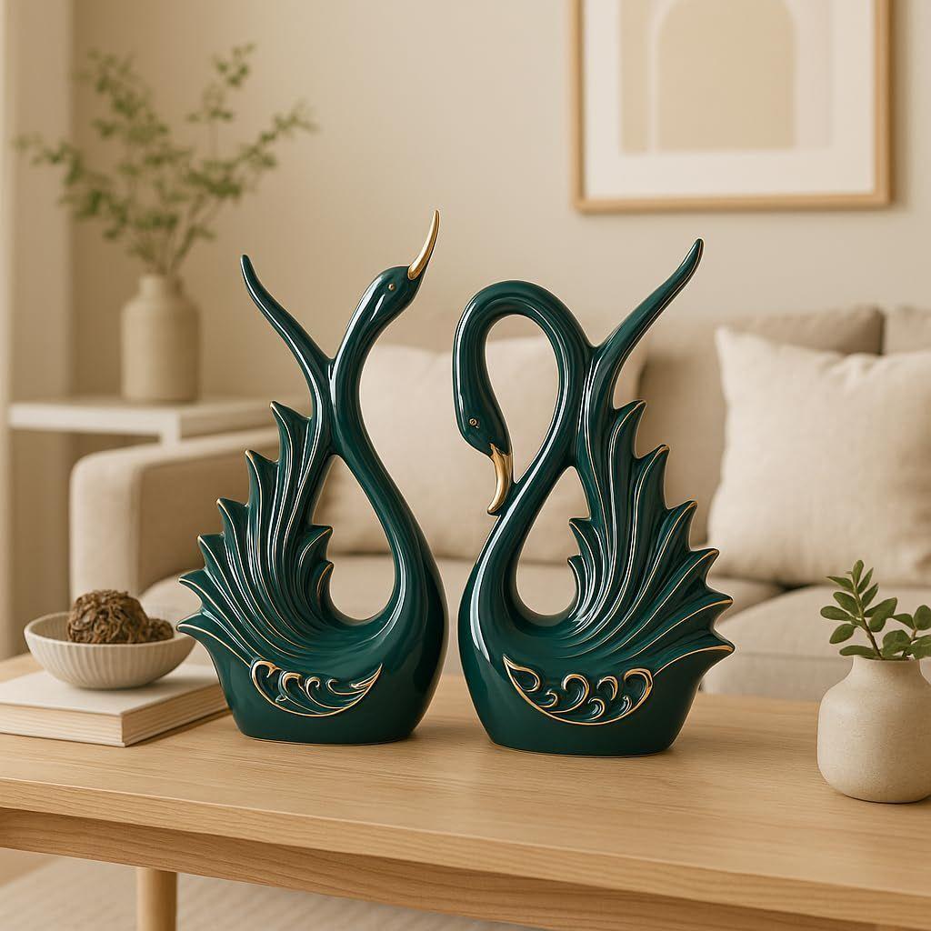 Modern Elite Swan Pair Ceramic Art Figurine | Beautiful Home Decor- 2 Piece, Dark Green, Medium