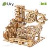Ury 3D Wooden Puzzles Electric Catapult Track Device Marble Run Set Mechanical Model Science Maze 7 Balls Assembly Gift For Kids