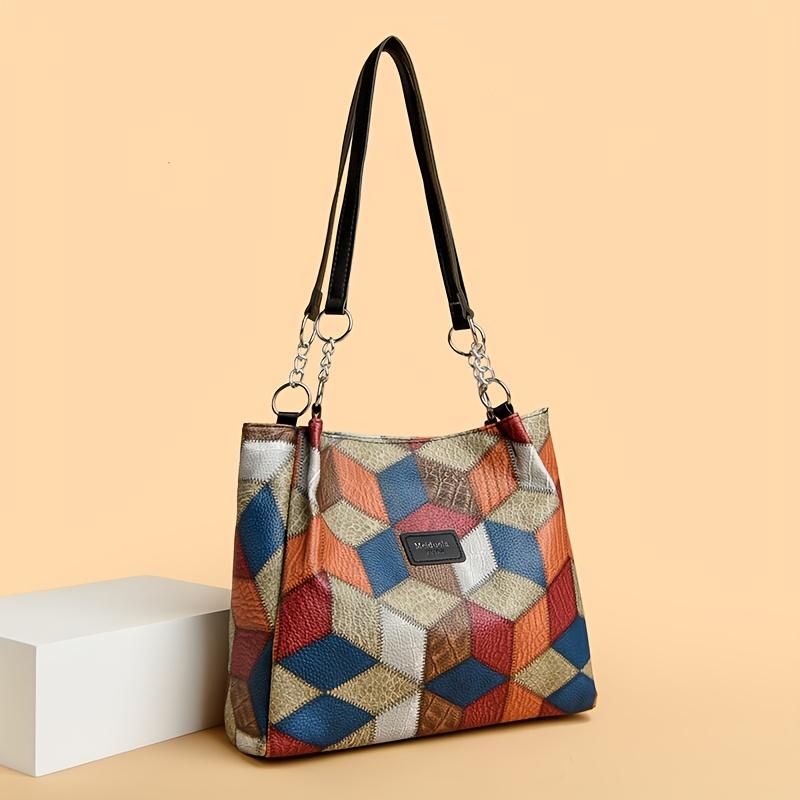 

Женская винтажная сумка-тоут большой вместимости, сумка через плечо из искусственной кожи с геометрическим дизайном для летнего пляжа, универсальный модный аксессуар чёрный