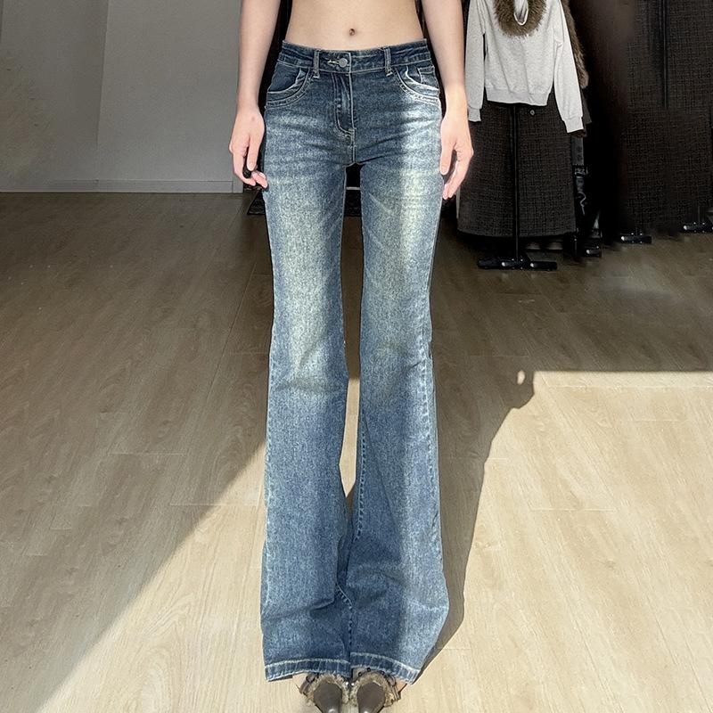 Personlige Amerikansk Retro Arbeidsklær Stil Lomme Denim Mikro Utsvingte Bukser med Vasket Vann og Distressed Design, Lav Midje Spicy Jente Hverdagsbukser