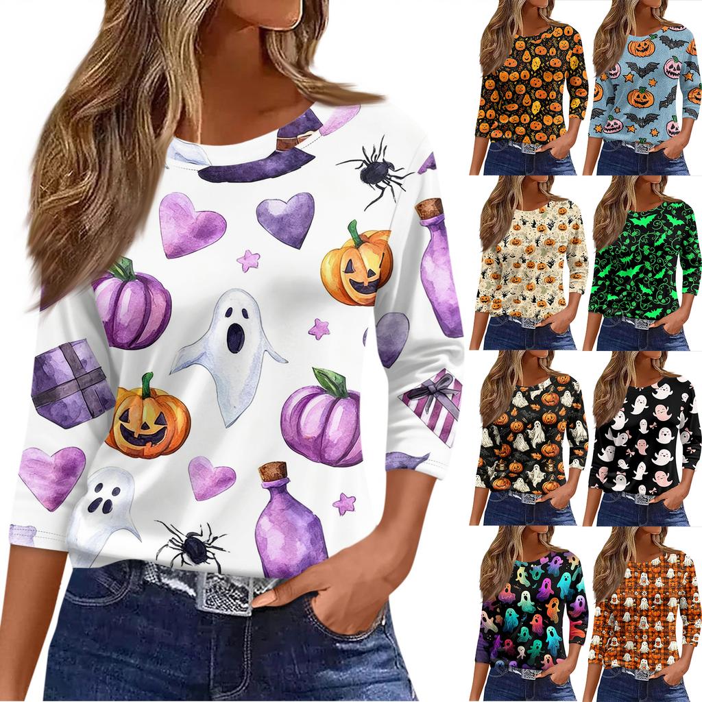 Women's Casual Loose Fit Three Quarter Sleeve Shirt Round Neck Halloween Print T-Shirt Lightweight Comfortable Top
