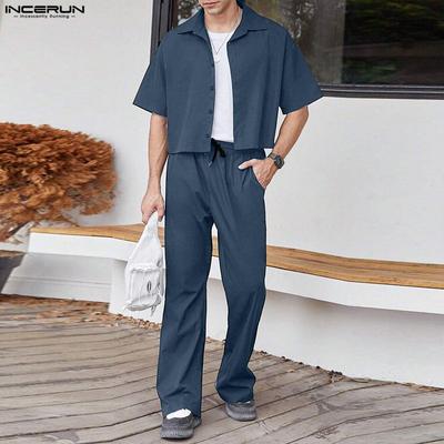 Conjuntos de T-shirts Cropped de Manga Curta com Gola Lapela e Calças Compridas para Homem