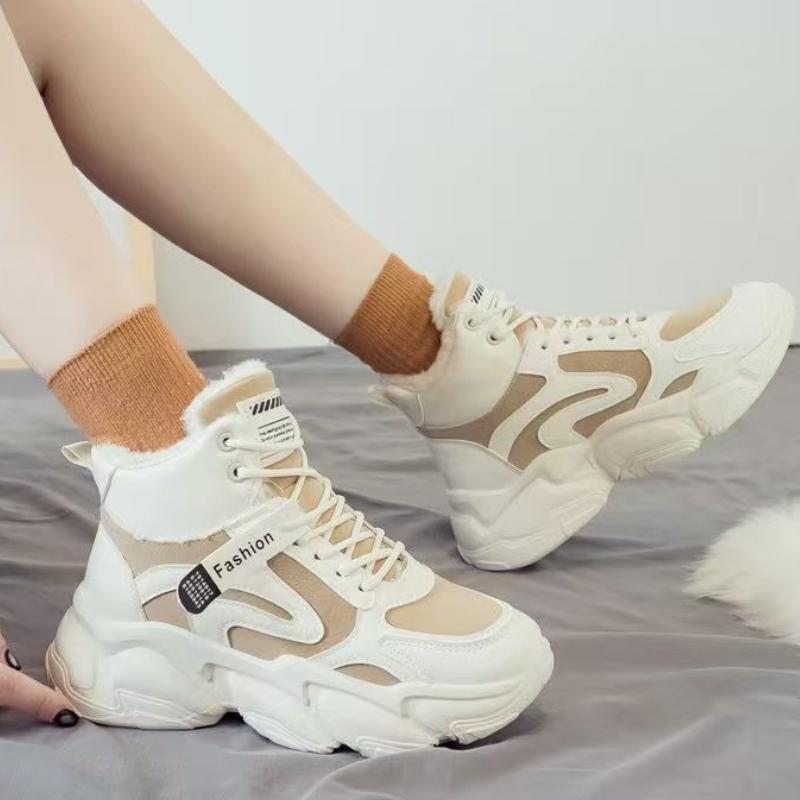 Modische High-Top-Schnür-Dad-Schuhe mit Wollfutter für den Winter, für koreanische Studentinnen, warme und modische Baumwoll-Sportschuhe mit dicker Sohle für Damen