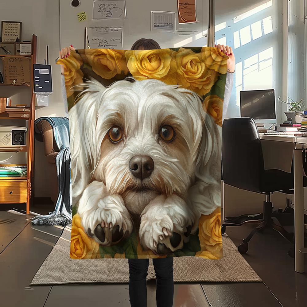 Maltese dog and roses,pattern Flannel Blanket, High quality Comfortable for All Seasons, Home Decor, Warmth and Comfort, Perfect for Gifts.
